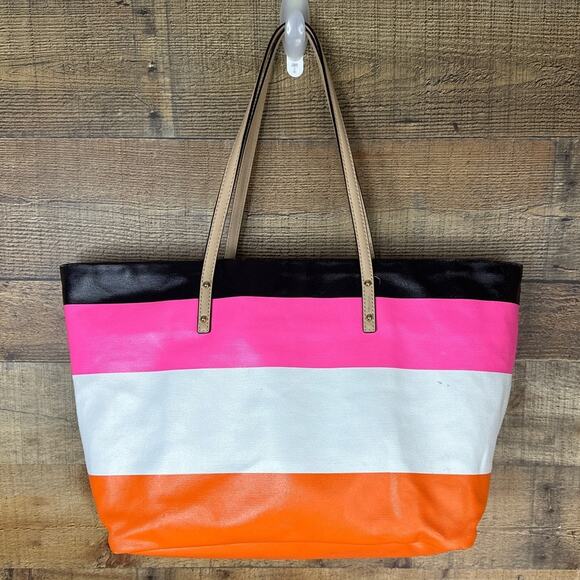 Kate Spade Cabana Striped Harmony Tote Bag Purse Black Pink White Orange - Picture 5 of 14